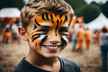 Zelfklevend Fotobehang a cute little boy wearing tiger face paint at a county fair. © freelanceartist