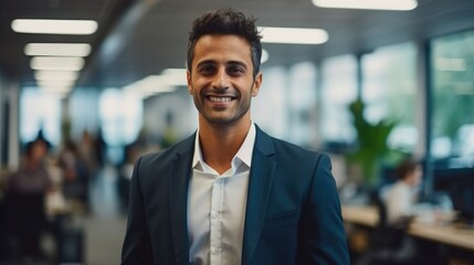 Obraz premium Portrait of Indian businessman in a suit standing in his modern office.