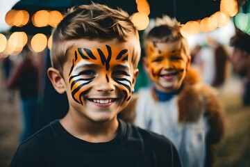 a cute little boy wearing tiger face paint at a county fair. - obrazy, fototapety, plakaty