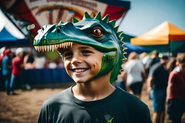 a cute little boy wearing dinosaur face paint at a county fair.