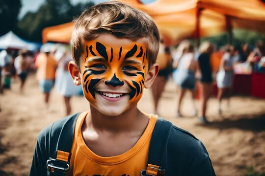 a cute little boy wearing tiger face paint at a county fair.