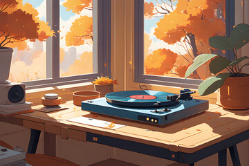 Record player on the desk in an autumn-like room.
Generative AI - obrazy, fototapety, plakaty