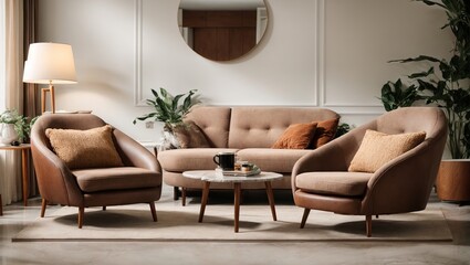 A white sofa and round coffee tables are placed next to two brown lounge chairs. A contemporary living room with a marble wall in a residence 