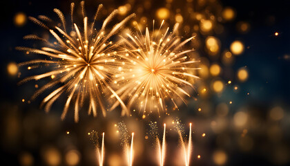 Fireworks on abstract gold bokeh background. Christmas eve, new year, holiday concept.