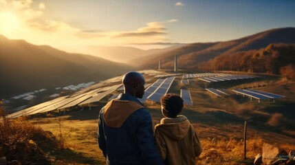 African father with little son standing at the solar power plant, Backside view.