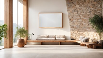 in a wide hallway with a wall covered with natural stone. White wall with a large poster frame and a wooden bench next to it; this is opposite a large window. The modern entrance hall of a luxurious m