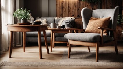 near a coffee table made of rustic wood, a wing chair. A modern living room with frame-filled decor 