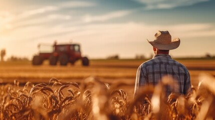 Obraz premium Farmer man standing on a wheat grass field at sunset, Backside view.