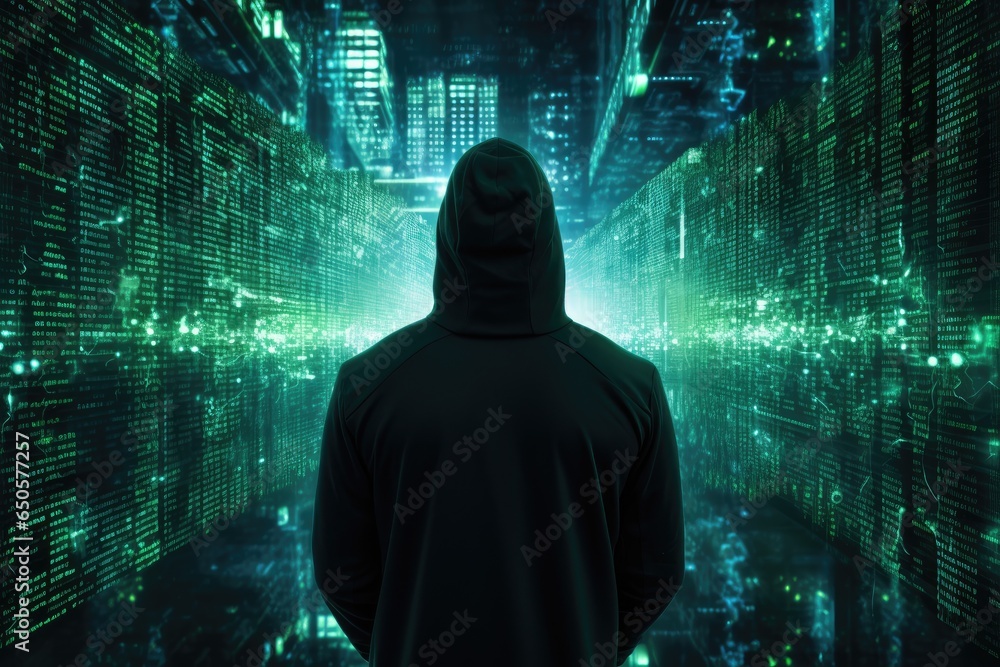 Poster rear view of hacker in hoodie looking at night city with binary code, anonymous hacker, surrounded b