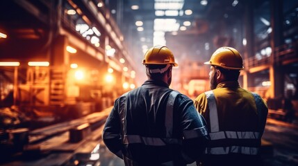Engineer wearing a safety helmet in the background of a production line at large industrial plant.