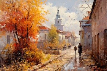Watercolor painting of autumn landscape in Vilnius, Lithuania. Ancient Vitebsk in the autumn...