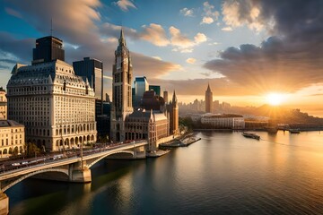 Fototapeta na wymiar Beautiful view of city at river bank- generated by AI