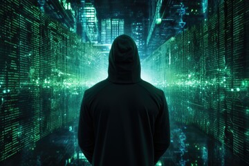 Rear view of hacker in hoodie looking at night city with binary code, Anonymous hacker, surrounded by a network of glowing data, AI Generated
