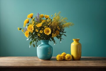 Near an empty, bare turquoise wall is a wooden table with a yellow vase filled with a bouquet of field flowers. inside view of a house