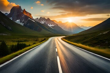 Highway view between mountains with sunset- generated by AI