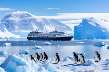 Cruise ship and penguins on the ice floe in Antarctica, Antarctica penguins and cruise ship, AI Generated - obrazy, fototapety, plakaty