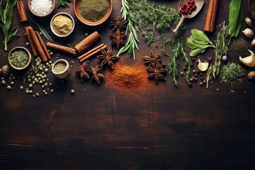 Fototapeta na wymiar Spices and herbs on wooden background. Top view with copy space, Aromatic herbs and spices background. Seasoning as ingredient for delicious food, AI Generated