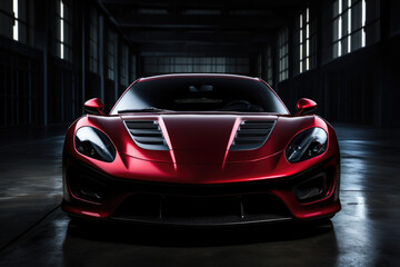 Shiny red new sports car stands in dark garage interior, front view - obrazy, fototapety, plakaty
