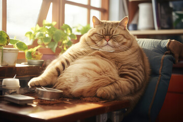 Fat lazy funny Orange tabby cat, home background