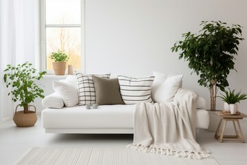 White sofa, Plaid, Cushions, Knitted rug, Grid window, Green houseplants. Scandinavian, hygge interior design in modern living room.