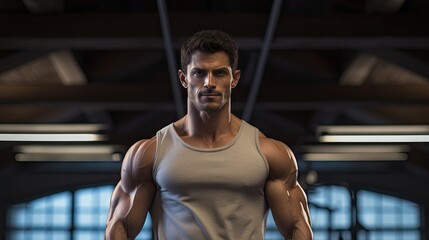 Obraz premium Handsome young man with strong fitness Show off your 6-pack abs in the gym.
