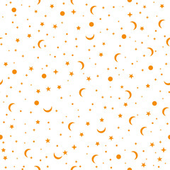 vector pattern with yellow stars, moon on a white background. seamless pattern for children's textiles