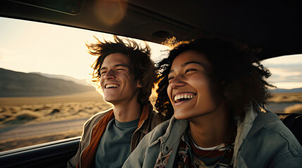 People smiling in a car on a road trip  - Powered by Adobe