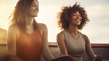 women doing yoga at the beach
