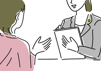 女性にヒアリングする女性弁護士のシンプル線画