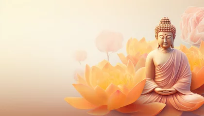 Fotobehang golden glowing buddha and a colorful crystal glowing flowers in the white background © Kien