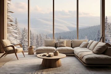 Curved white sofa, Arch. Minimalist interior design of modern living room.