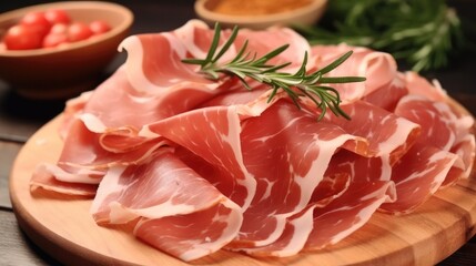 Slices of tasty cured ham and rosemary on table.
