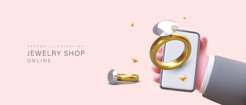 Jewelry store online. 3D hand holding smartphone. User chooses engagement ring with precious stone. Horizontal concept for jewelry site, application. Place for text