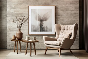 Wing chair near rustic wooden coffee table. Interior design of Scandinavian living room with frames.