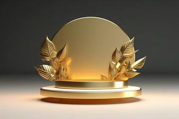 A Luxury podium, round gold and silver table with a feather on it