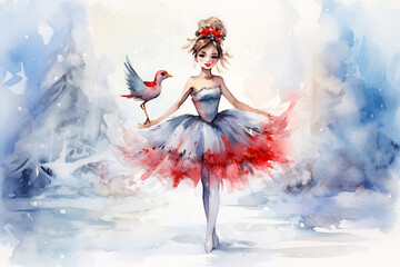 A painting of a little girl dressed as a ballerina with bird. Winter concept