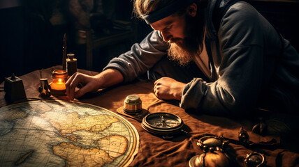 Traveler looking at picture with compass and old map