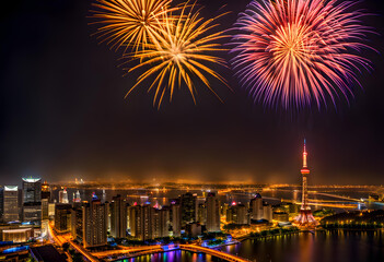 Fototapeta premium Landscape and colorful fireworks. Christmas eve, new year, holiday concept.