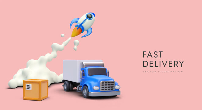 Express delivery, fast transportation. 3D truck, box, launching rocket. Concept with place for text. Advertising of carrier company. Template for web design