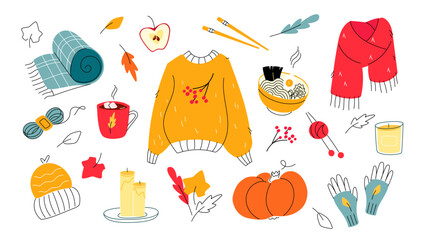 Autumn warm clothes and cozy home objects set on white background. Modern colorful flat style with doodle hand drawn elements. Sweater, scarf, gloves, blanket, hot, chocolate, noodle, soup, candles.