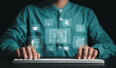 Digital business training course concept. Business people study online learning with webinars or...
