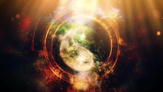 Yin Yang Symbol in maya calendar. Cosmic space background.