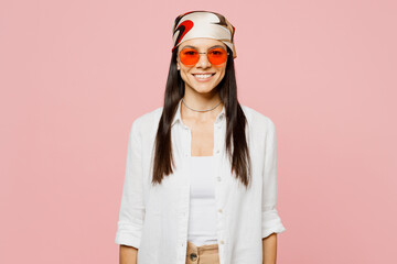 Young smiling happy satisfied cheerful fun latin woman she wear white shirt casual clothes...