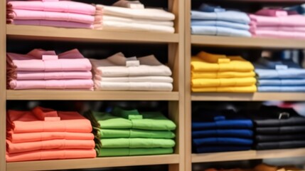 Fashion clothes, Various color shirts at shelf in shop, clothes in shopping mall.