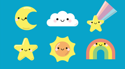 Set of cute kawaii sky Objects. The set contains six cute objects such as falling star, rainbow, star, moon, cloud and sun, for kids, baby book, fairy tales, covers, baby shower invitation.