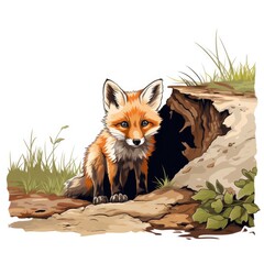 Obraz premium Curious Fox investigates a hidden den in cartoon style