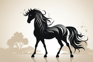 Horse in dark colors with an ornament like for a tattoo on a light background.