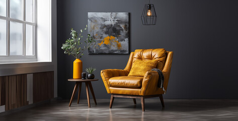 interior yellow leather armchair behind it a gray wall , room with table. Generative Ai content