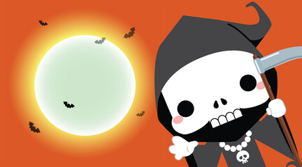 Halloween Cute cartoon grim reaper character robed in black and carries a large scythe against full moon light. Vector illustration.