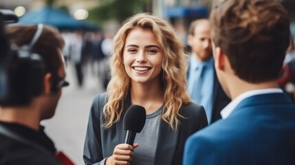 Young politician woman during interviewed live by a tv broadcast channel.